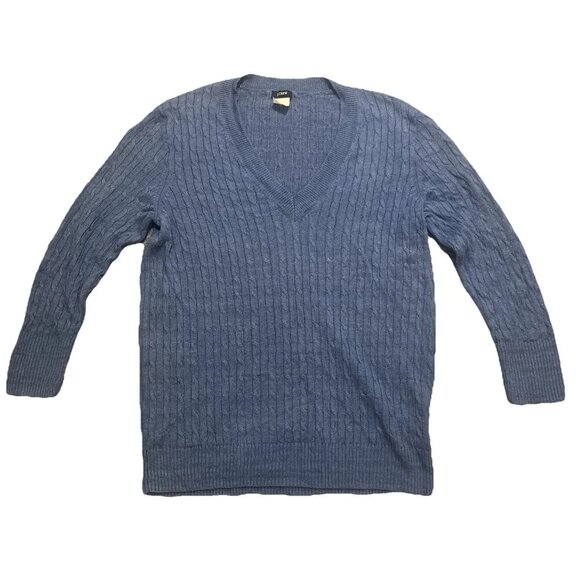 J. Crew Sweater XL 100% Linen‎ Blue Tan Knit Pullover Y2K Cable Knit Thin V-Neck - Picture 1 of 7